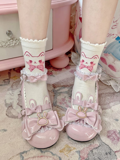 Pink White Kitty Print Lolita Ankle Socks
