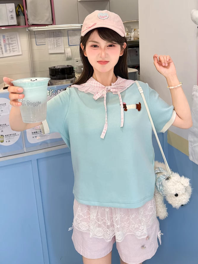 Cute Dachshund Embroidery Mint Green Round Neck T-shirt