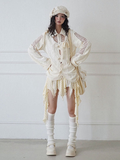 Lace-up Detail Beige Bowknot Details Long Sleeves Shirt