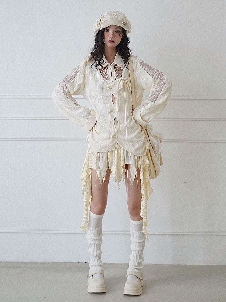 Lace-up Detail Beige Bowknot Details Long Sleeves Shirt