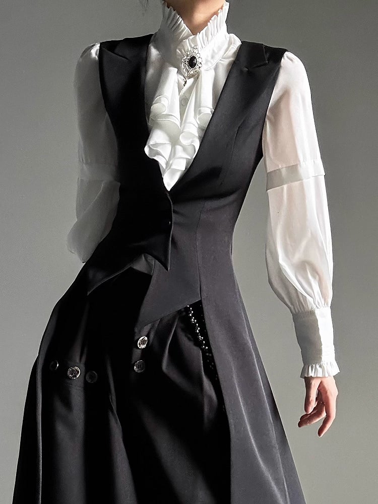 Ouji Lolita Black Tailcoat Vest with Peaked Lapel & Triangular Back Slit