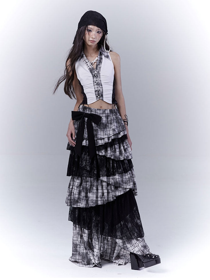 Black Plaid Pattern Shirt Collar Cropped Sleeveless Top with Lace-up Details Side