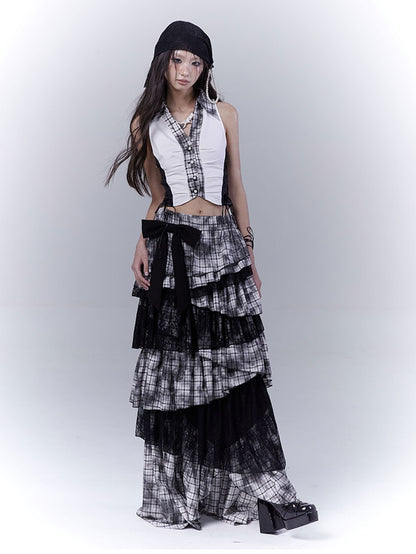 Black Plaid Pattern Shirt Collar Cropped Sleeveless Top with Lace-up Details Side