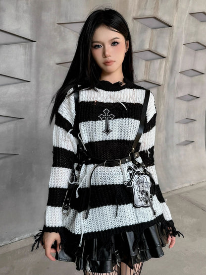 Punk Cross Applique Black and White Striped Distressed Sweater
