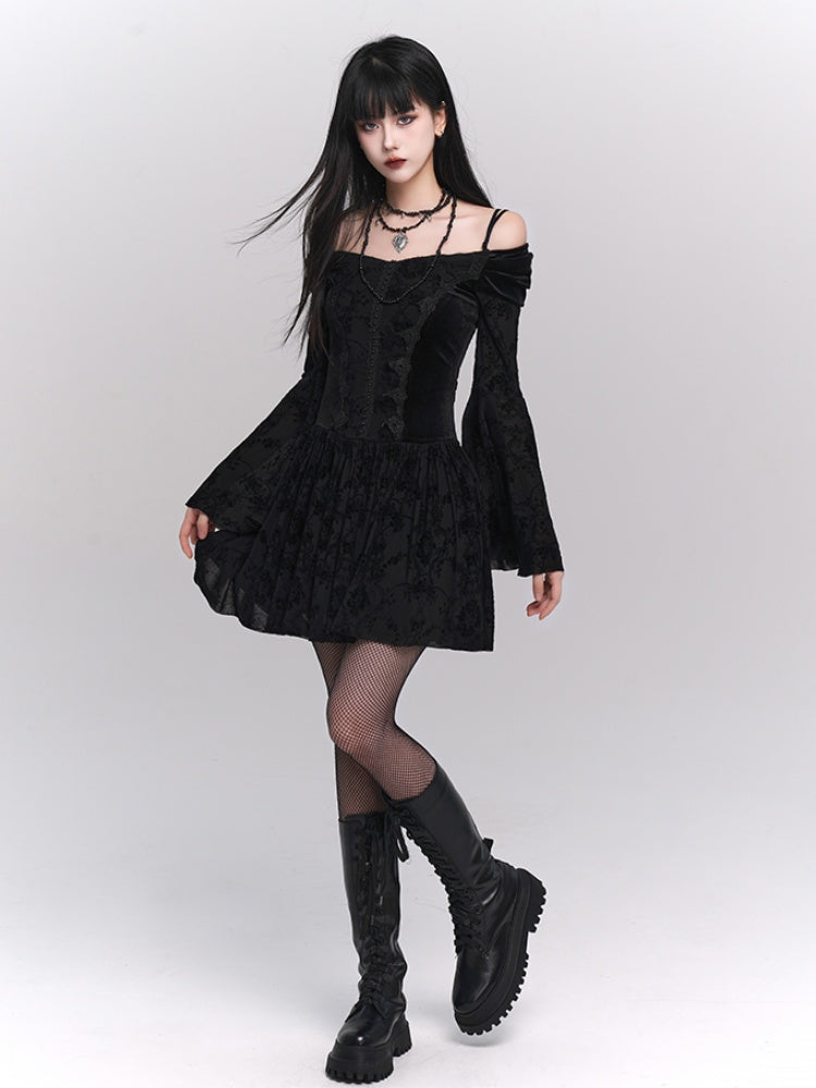 Black Gothic Velvet Off-the-shoulder Neckline Bell Sleeves Lace Trim Dress