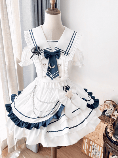 Sailor Collar Cutout Shoulder Top with Tiered Skirt White and Blue Preppy Style Idol Full Set