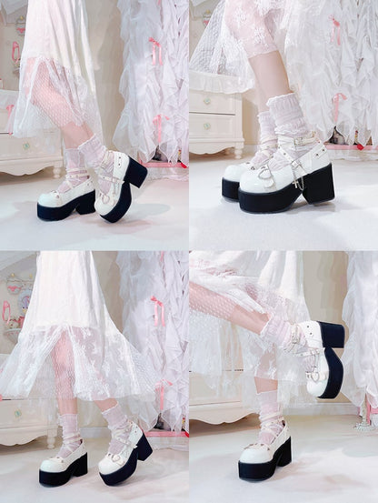 Rhinestoned Heart Design White Jirai Kei Buckle Ankle Strap Platforms with Cross Chain