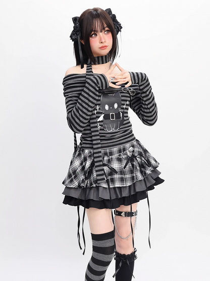 Y2K Black and White Plaid Tiered Skirt Bowknots Decoration