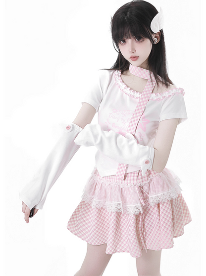 Pink/Baby Blue Starfish and Seashell Print Ruffled Asymmetrical Neckline T-shirt with Plaid Scarf