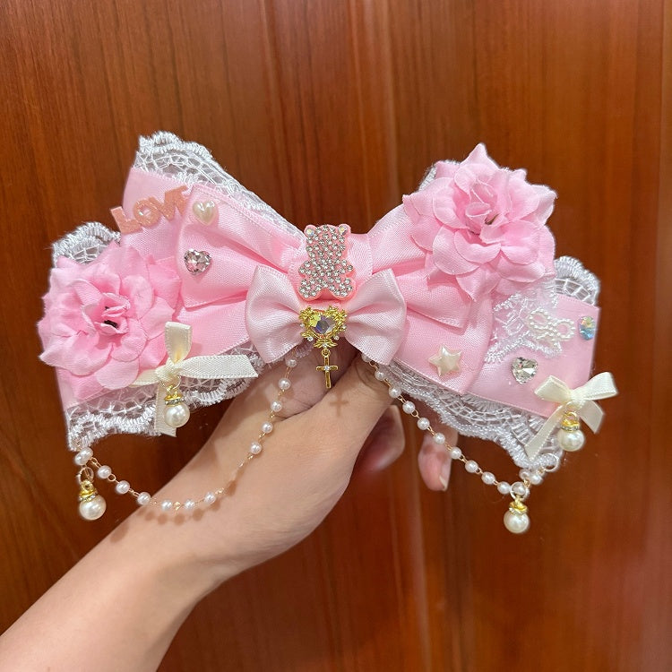 Pink Floral Design Beaded Charm Rhinestone Bear Decorated Lace Trim Bowknot Hairclip