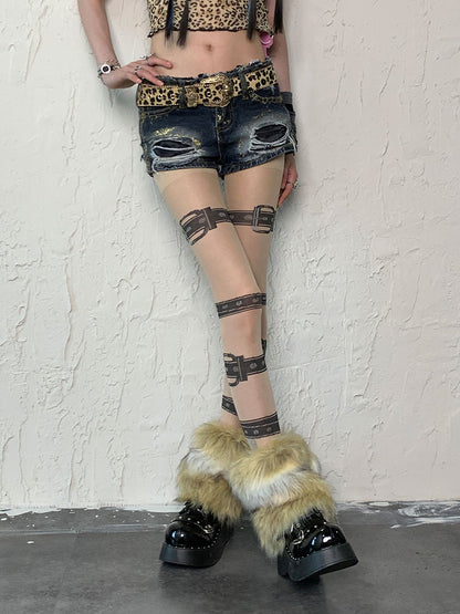 Nude Punk Buckle Straps Print Tights＋White&Brown Shaggy Leg Warmers Set
