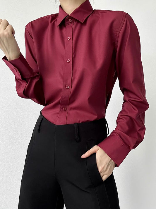 Ouji Lolita Wine Red Pointed Collar Unisex Shirt with Button Front & Cuff