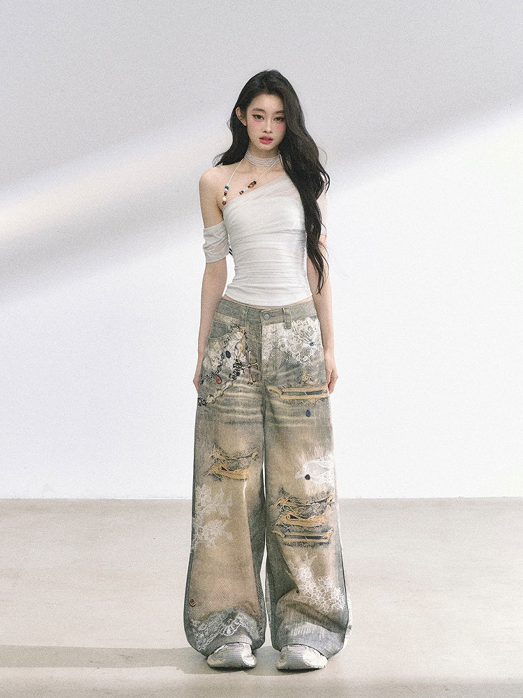 White/Black Asymmetrical Neckline Slim-fitting T-shirt Beaded Halter Top