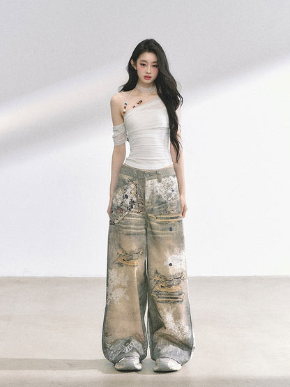 White/Black Asymmetrical Neckline Slim-fitting T-shirt Beaded Halter Top