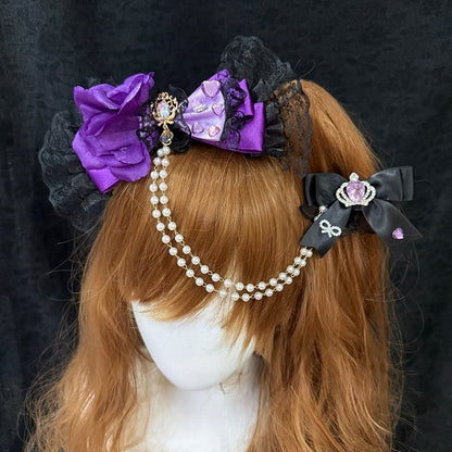 Two Black&Purple Floral Design Rhinestone Heart Decorated Bead Chain Bowknot Hairclips