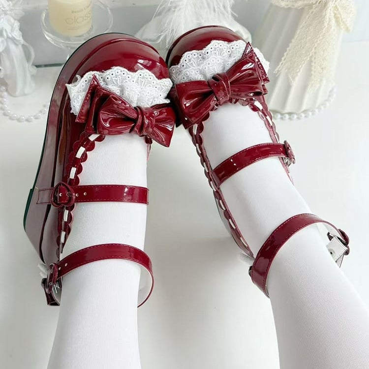 Red Bow at Top Lace Trim Heart Buckles Platforms