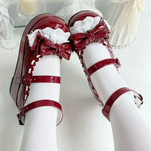 Red Bow at Top Lace Trim Heart Buckles Platforms