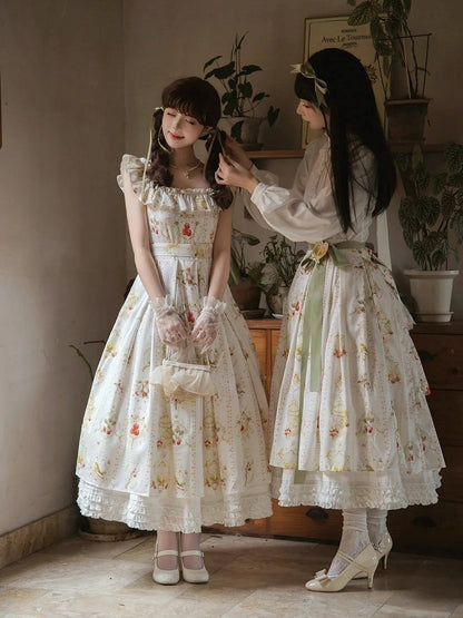 Hawthorn and Bird Print White Square Neckline Elegant Classic Lolita Dress with Waist Belt