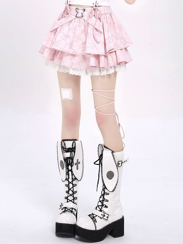 Pink Bowknots Pattern Tiered Skirt