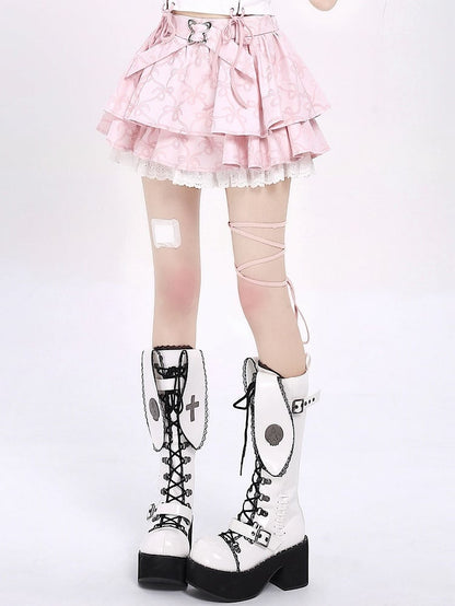Pink Bowknots Pattern Tiered Skirt