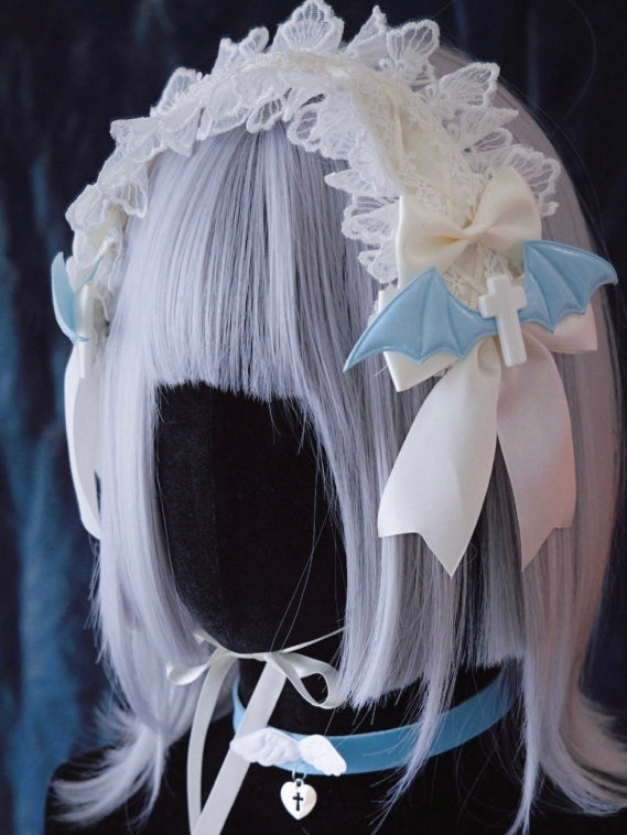 Crosses and Blue Wings White Bowknots Lace Hairband