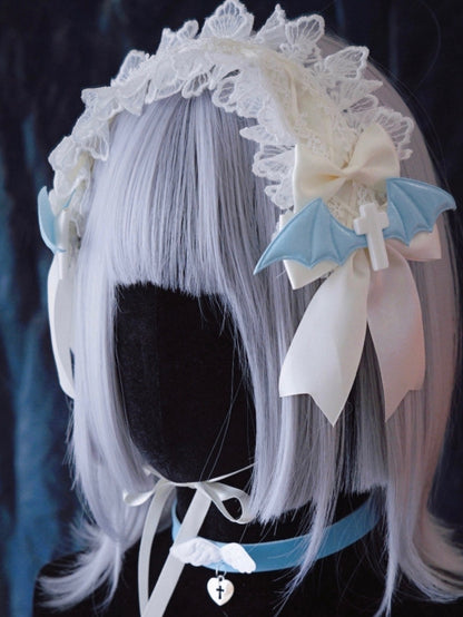 Crosses and Blue Wings White Bowknots Lace Hairband