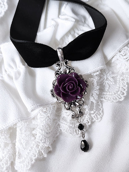 Purple/Wine Red Rosette Pendant Black Gothic Velvet Choker
