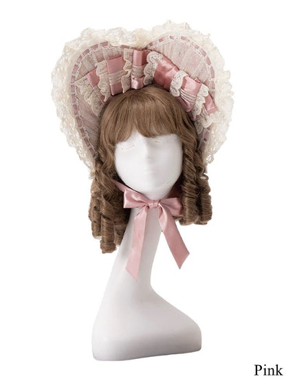 Cream/Green/Pink Lace-Trimmed Sweet Lolita Bonnet with Bows