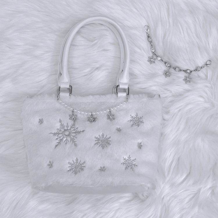 Silver Snowflake Embroidered Plush Tote Bag with Beaded Chain / Rhinestone Chain