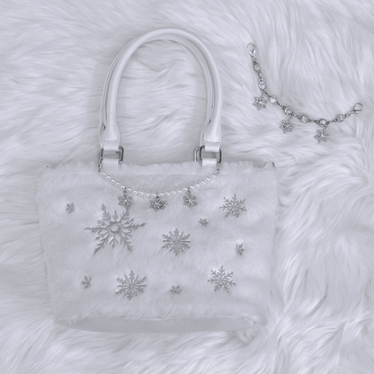 Silver Snowflake Embroidered Plush Tote Bag with Beaded Chain / Rhinestone Chain