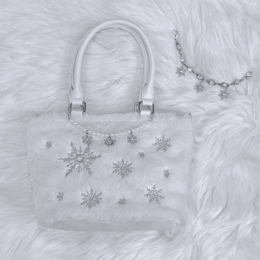 Silver Snowflake Embroidered Plush Tote Bag with Beaded Chain / Rhinestone Chain