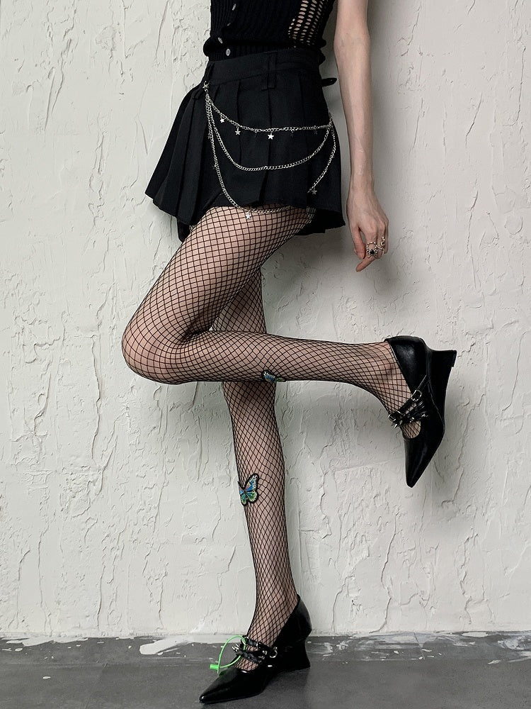 Black Y2K Cut-out Design Fishnet Tights With Butterfly Appliques
