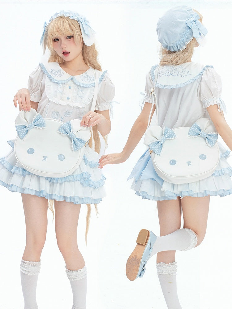 Blue&White Polka-dot Pattern Bowknot Details Bear Tote Bag