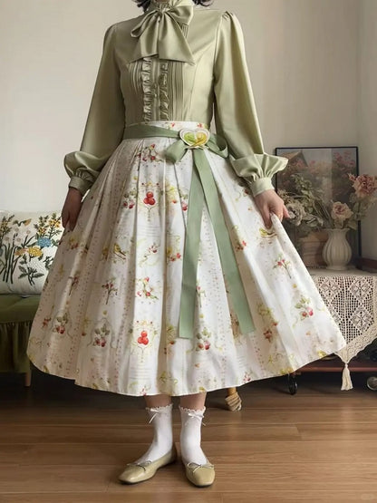 Green Long Sleeves Lolita Blouse with Lace-Up Back and Ruffled Details