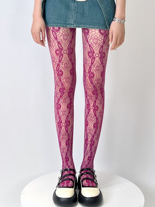 Rose Red Hollow-out Design Floral Pattern Tights