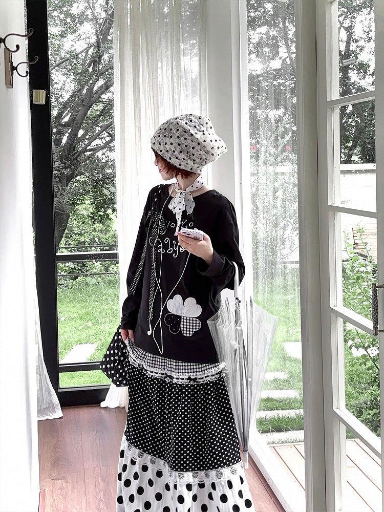 Black Top with Embroidered Clover Applique and Detachable Ribbon Bow with Rhinestone