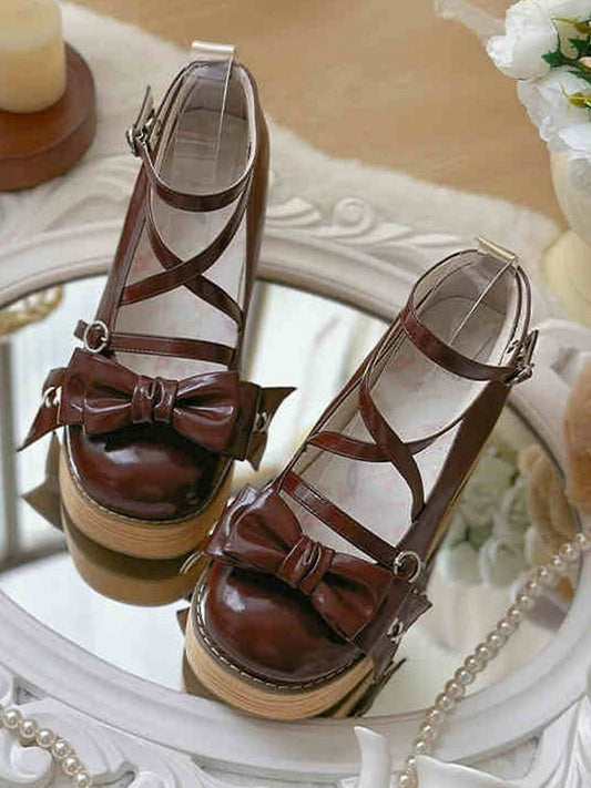 Dark Brown Bow at Top Crisscross Design Sweet Lolita Platforms
