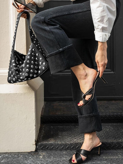 Edgy Black Studded Wide-Strap Shoulder Bag