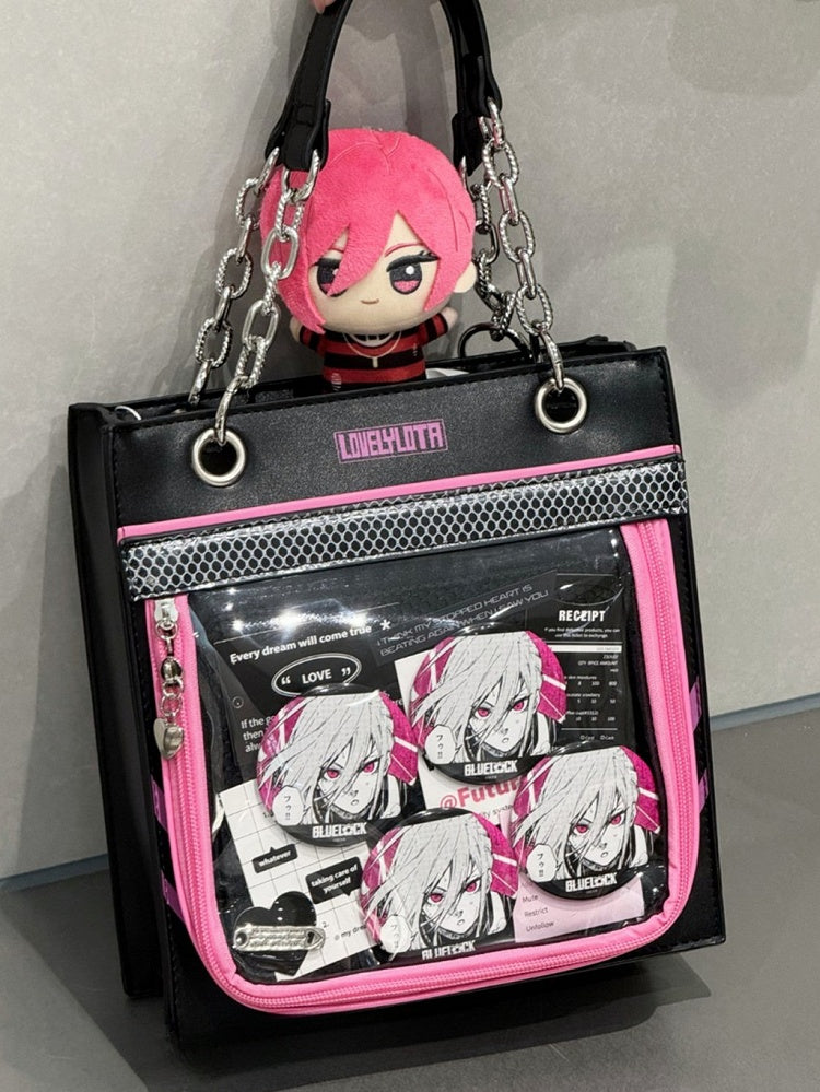 Black & Dark Pink Sweetheart Charm Zipper Ita Shoulder Bag