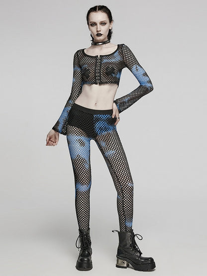 Black and Blue Punk Tie-dyed Mesh Leggings
