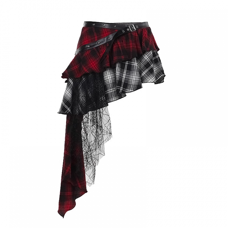 Red & Black Mesh Patchwork Asymmetrical Plaid Skirt with PU Buckle Belt