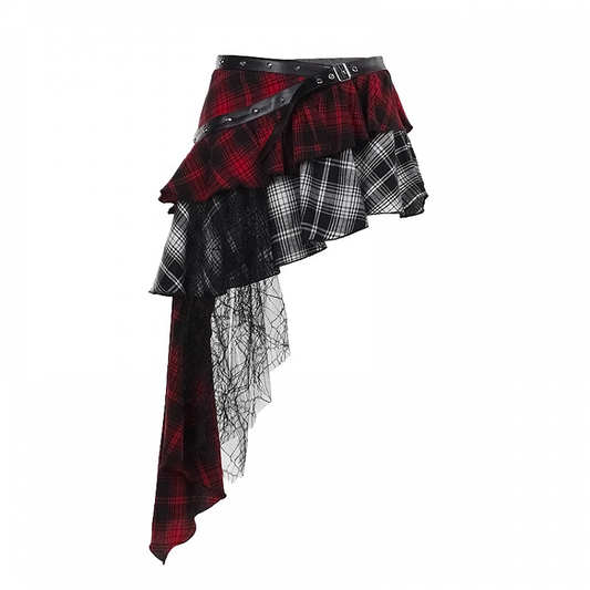 Red & Black Mesh Patchwork Asymmetrical Plaid Skirt with PU Buckle Belt