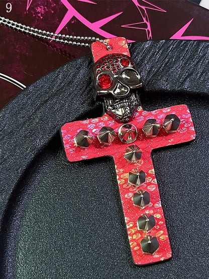 9 Options Gyaru Fashion Skeleton And Studs Leopard Cross Necklace
