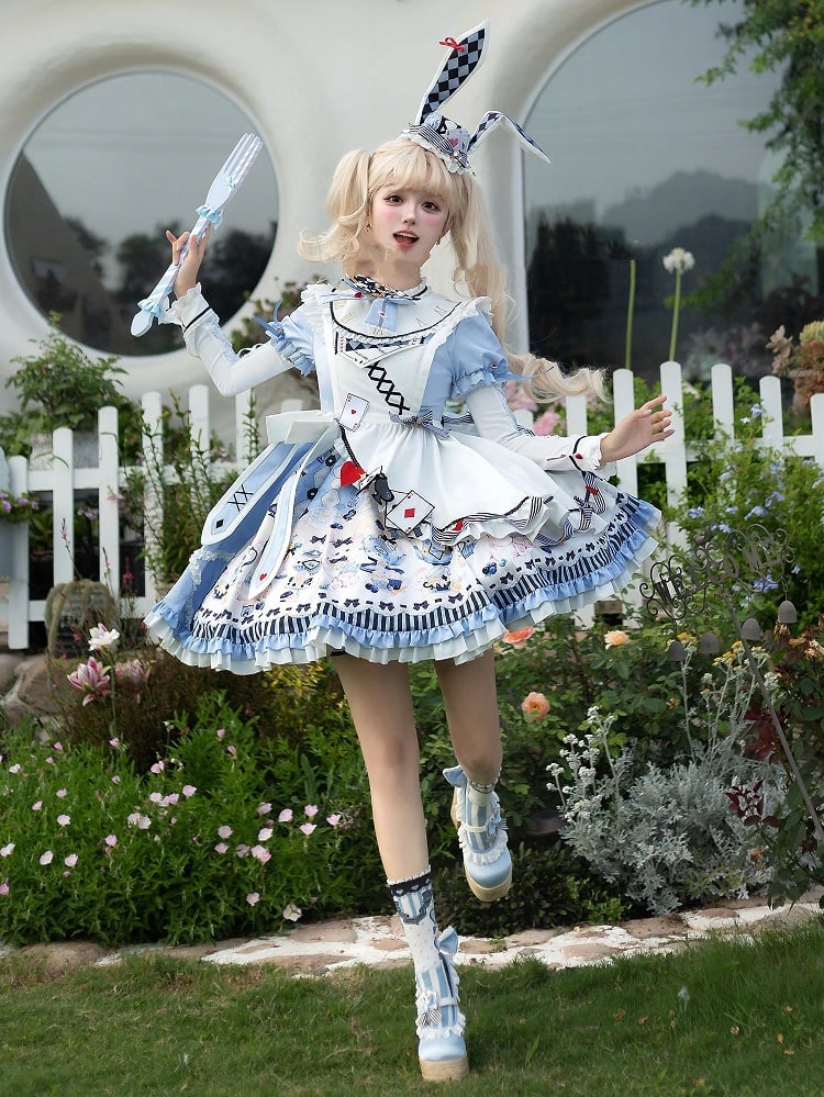 Alice in Wonderland Vibes Blue Bunny and Teapot Print Apron Dress Sweet Lolita OP / Full Set