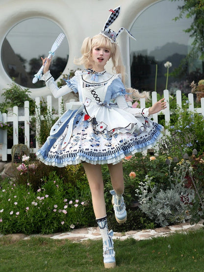 Alice in Wonderland Vibes Blue Bunny and Teapot Print Apron Dress Sweet Lolita OP / Full Set