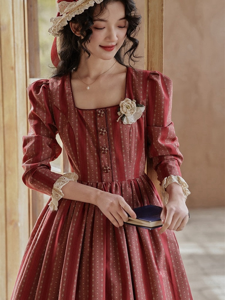 Red Vintage Striped Pattern Lace Trim Square Neckline Dress