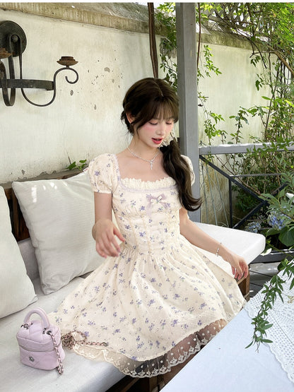 Beige Square Neckline and Short Puff Sleeves Mori Kei Floral Dress