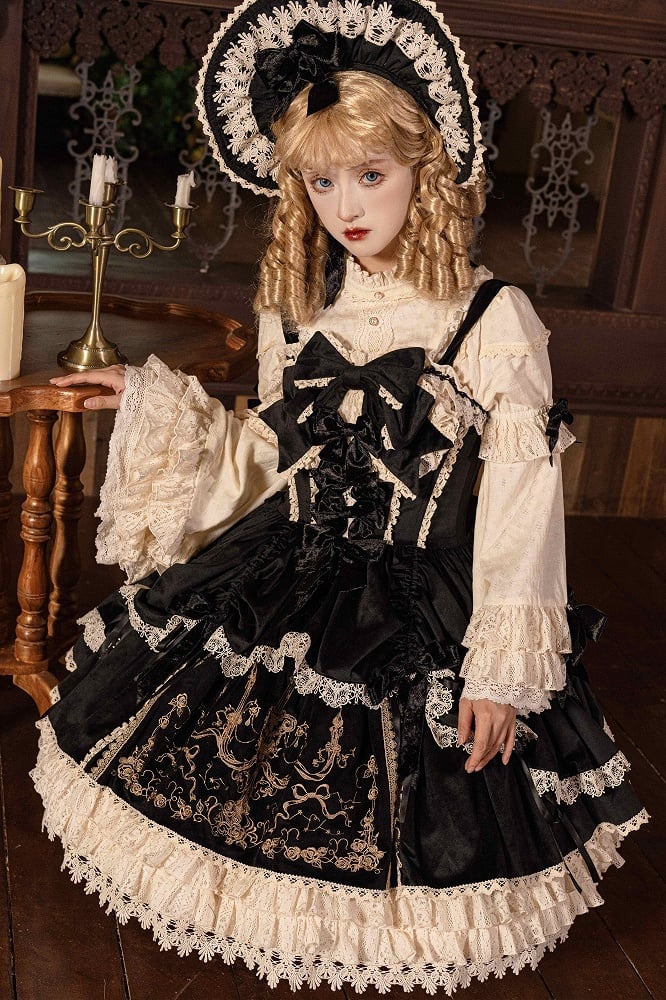 Bows Decoration Candle Embroidery Black Velvet Dress Lolita JSK / Set