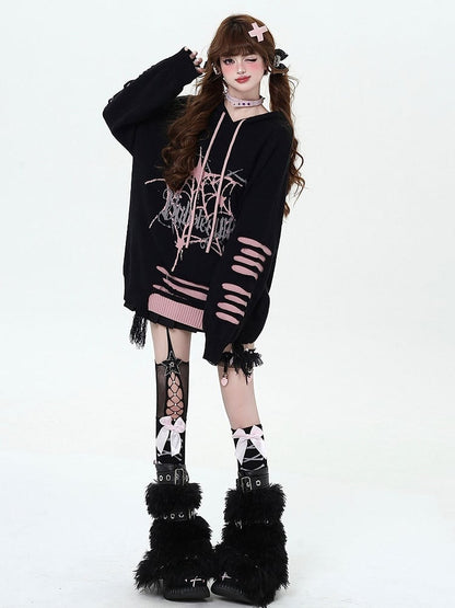 Black and Pink Gothic Spiderweb Distressed Holes Hooded Sweater
