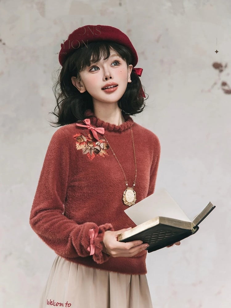 Maple Leaf Embroidery Neckline Bowknot on Cuffs Brick Red Autumn Knit Top
